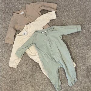 H&M Footie Jumpsuit Set in Light Sage Green, Light Beige, and Tan